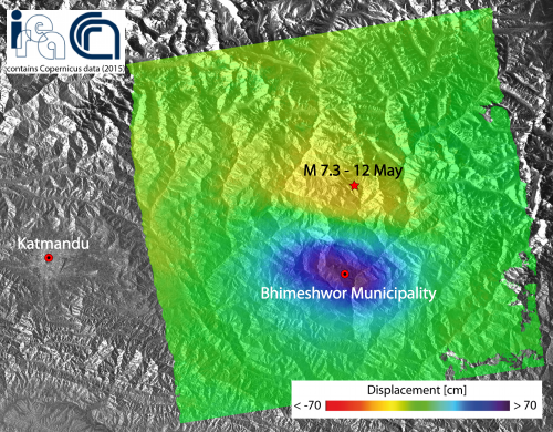 Mappa della deformazione indotta in superficie dall'evento sismico del 12 maggio 2015. La misura è stata effettuata elaborando due immagini acquisite dal satellite Sentinel-1° il 3 e il 15 maggio 2015