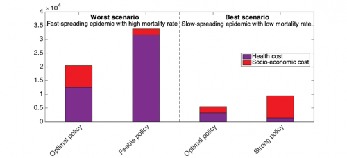 Numero di individui deceduti per COVID-19 (viola) e colpiti economicamente dalle restrizioni (rosso) negli scenari epidemici migliore (bassa infettività e letalità) e peggiore (alta infettività e letalità) utilizzando diverse strategie di lockdown e riape